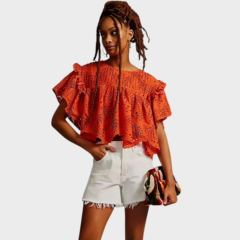 FARM Rio Palm Tree Eyelet Lace Flutter Sleeve Blouse Orange Cotton Size M